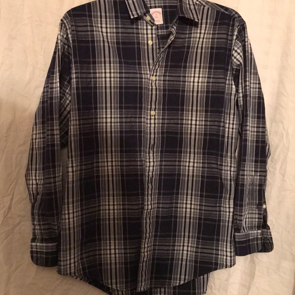 Brooks brothers navy grey white plaid shirt.